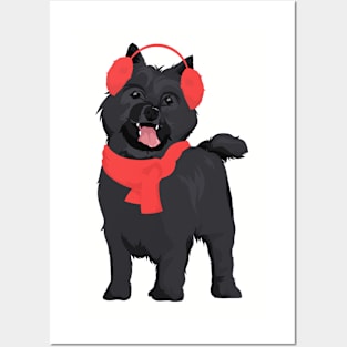 Winter Black Cairn Terrier Dog with Red Ear Muff and Shawl T-Shirt for Dog Lovers Posters and Art
